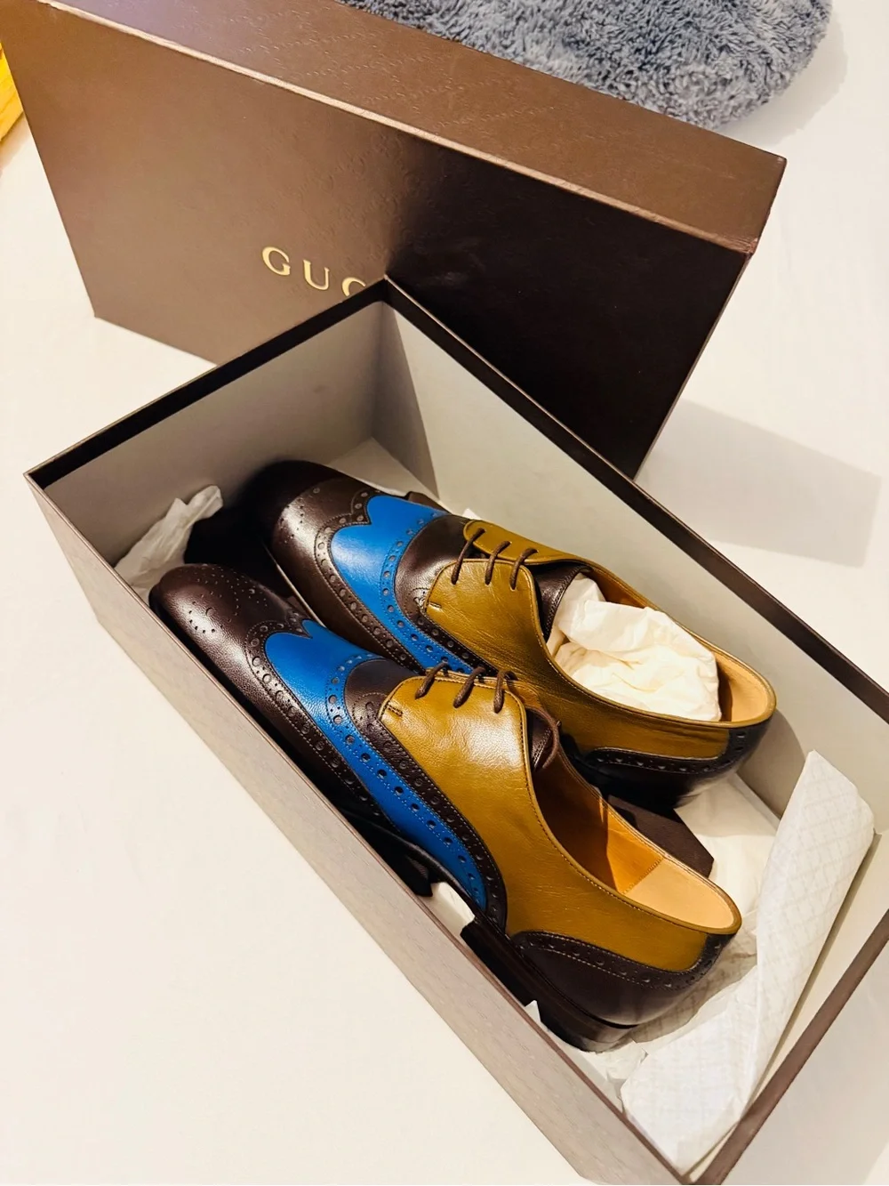 Gucci Brown, Blue and Mustard Leather Wingtip Oxfords